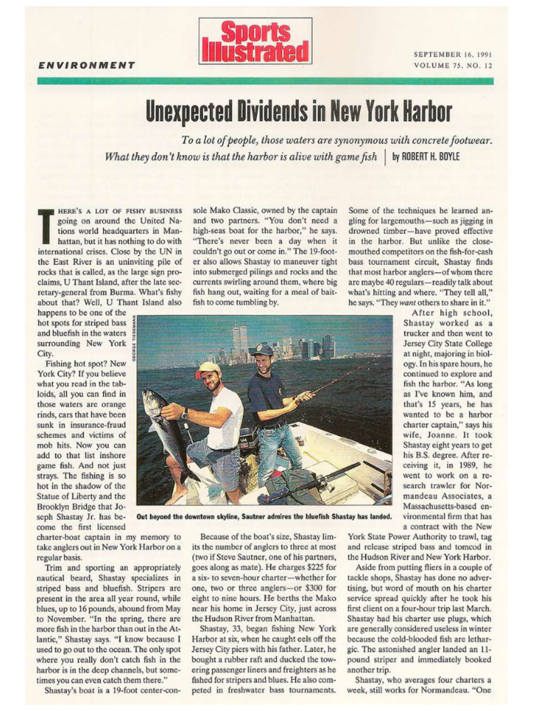 Magazine article titled 'Unexpected Dividends in New York Harbor' with two men fishing on a boat.