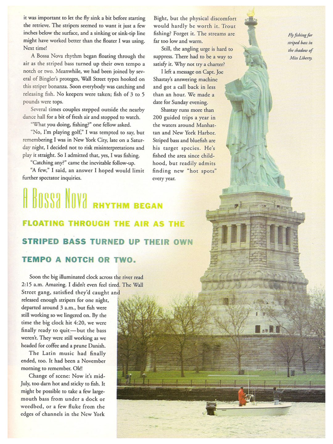 Magazine page with Statue of Liberty image, decorative text, and a story snippet.