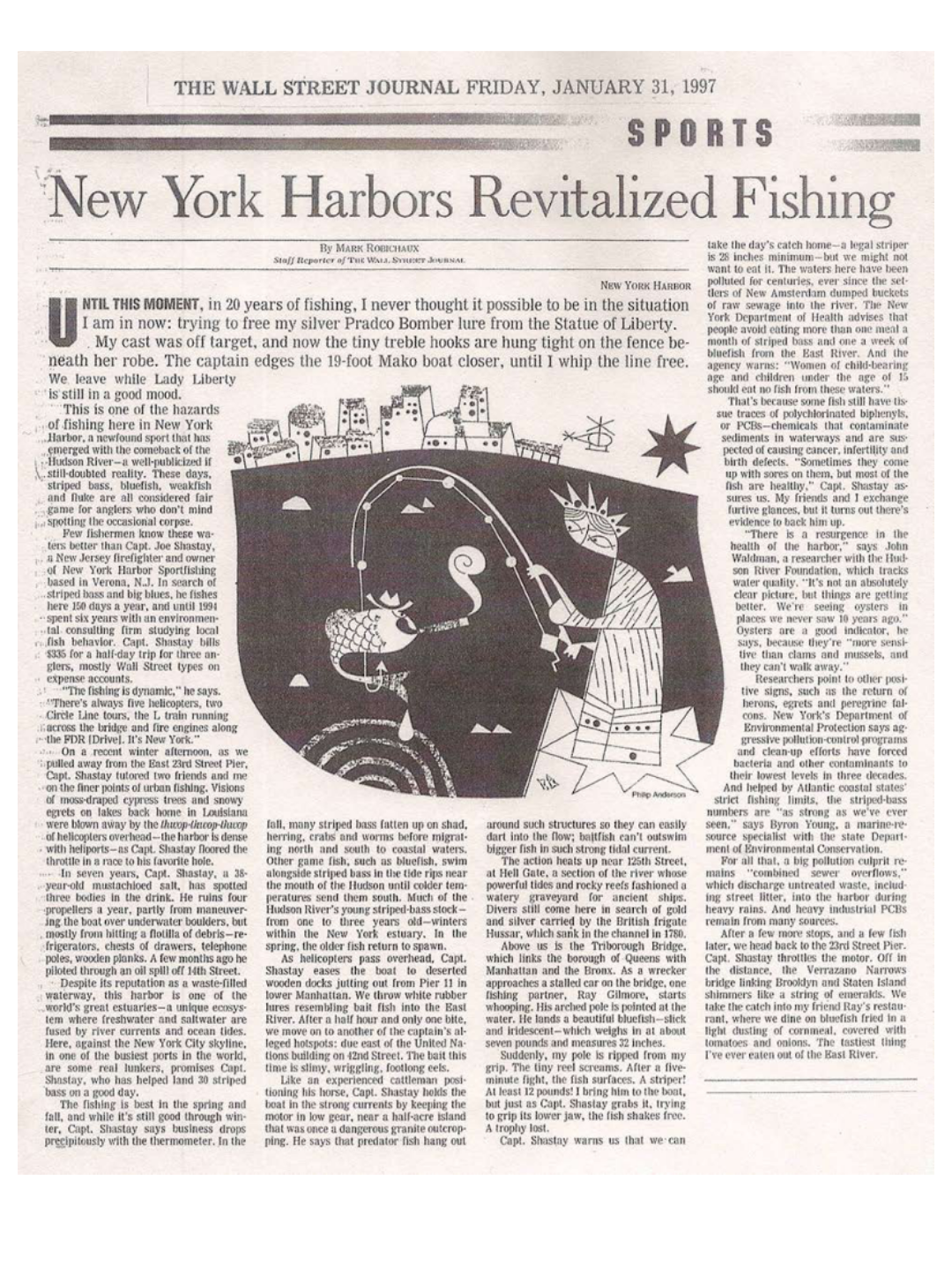 Newspaper article with title about New York's fishing, featuring an illustration of the Statue of Liberty fishing.