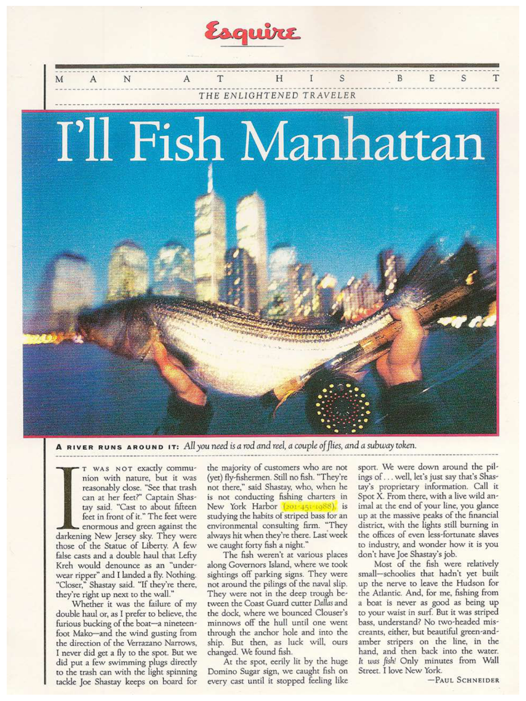Magazine page with title 'I'll Fish Manhattan' and a large fish held in front of a cityscape.