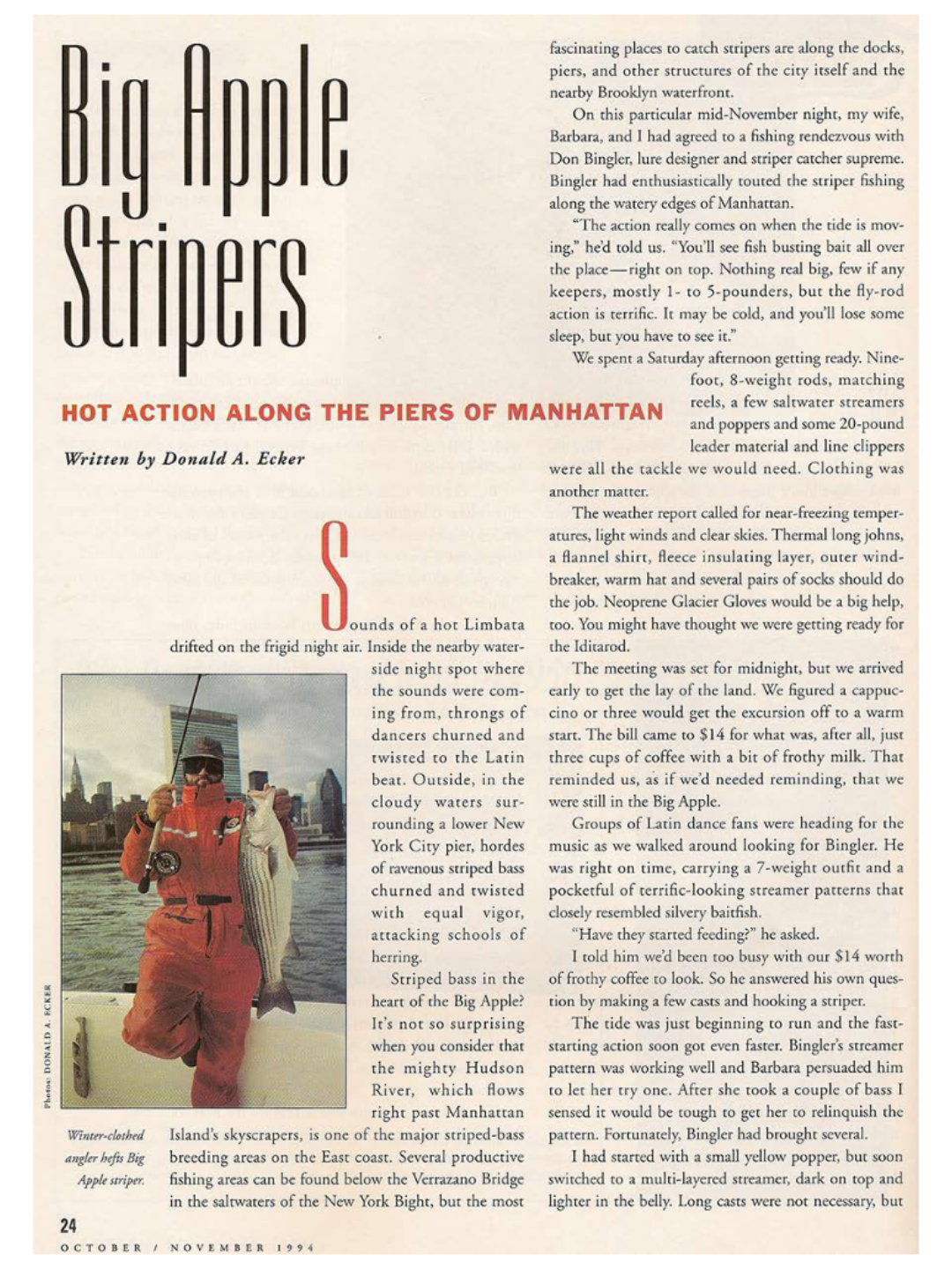 Magazine page featuring an angler in front of the NYC skyline and text about fishing in Manhattan.