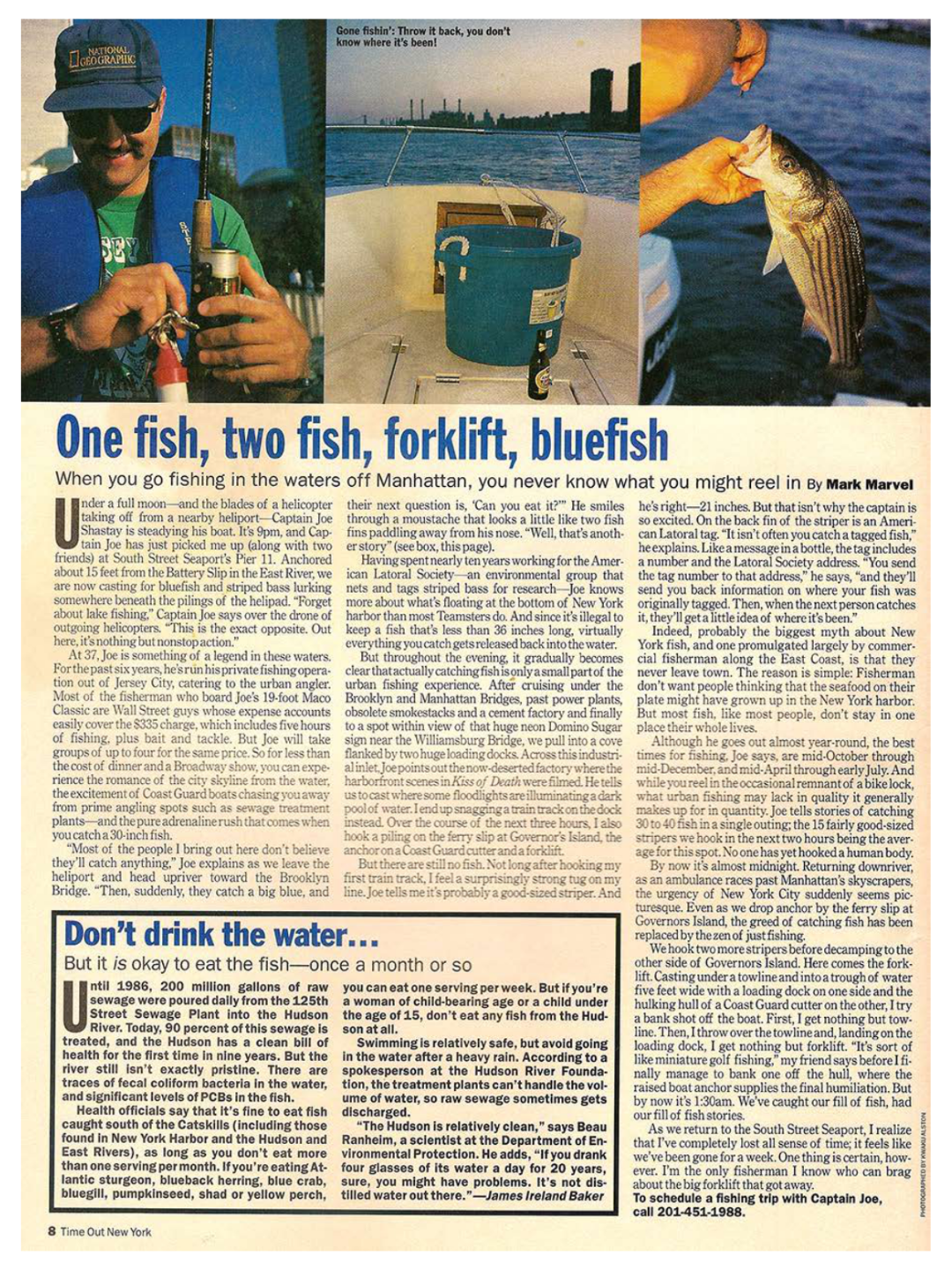 Magazine article about fishing with images of a man holding a fish, boat scenes, and fish on a line.