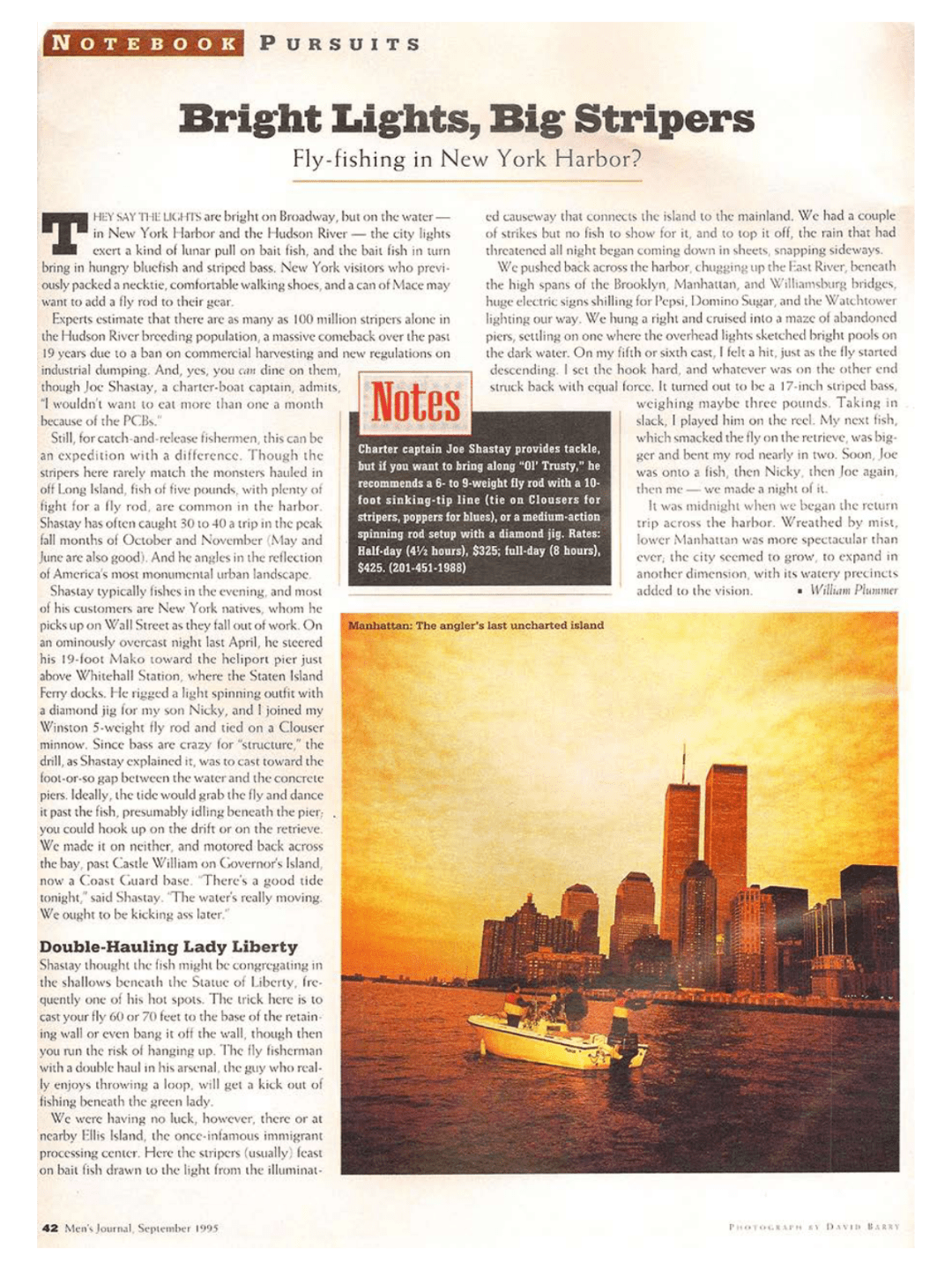 Magazine page about fly-fishing with text and a photo of a boat in New York Harbor at sunset.