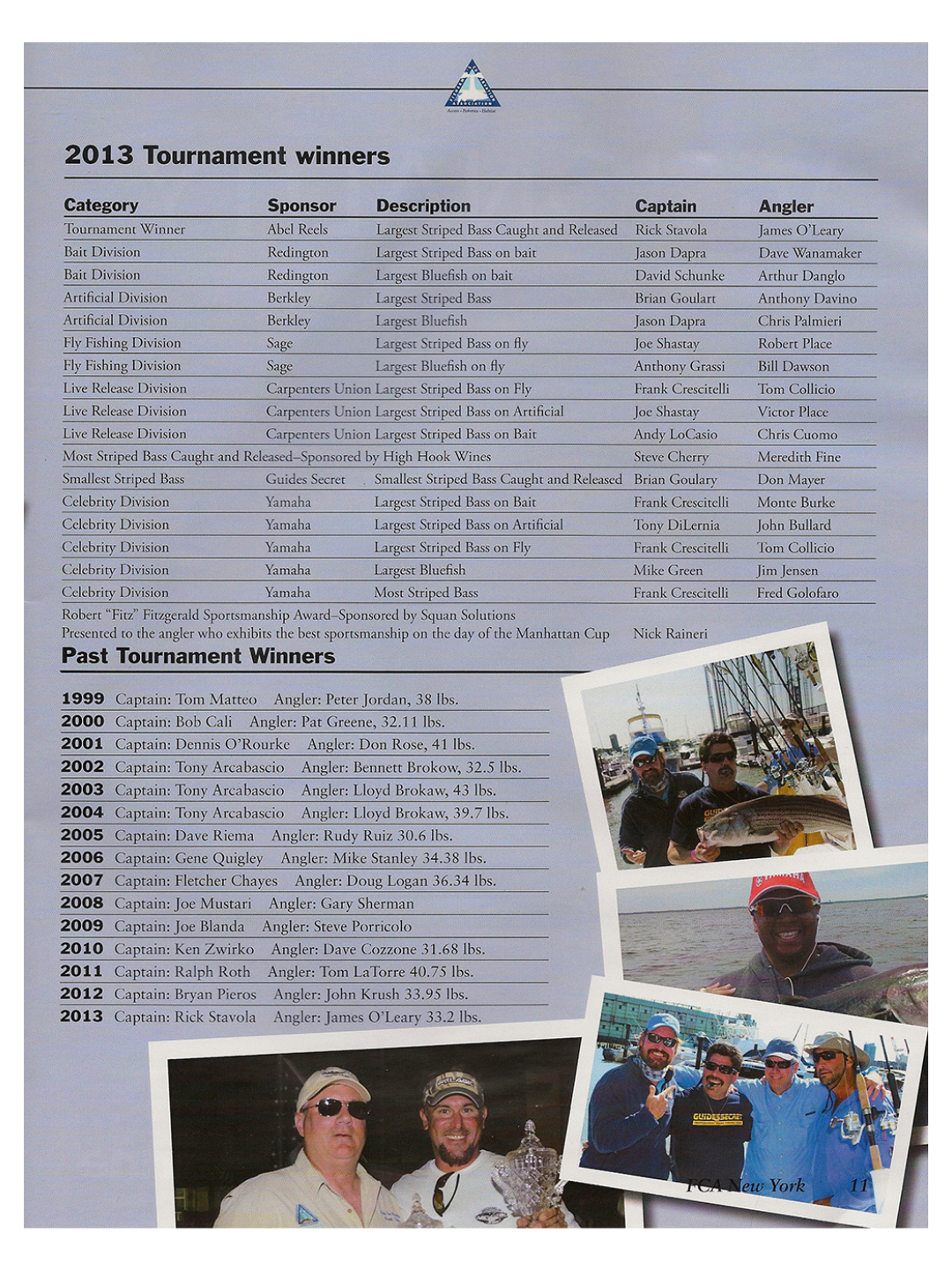 List of 2013 fishing tournament winners with past winners and photos at bottom right.