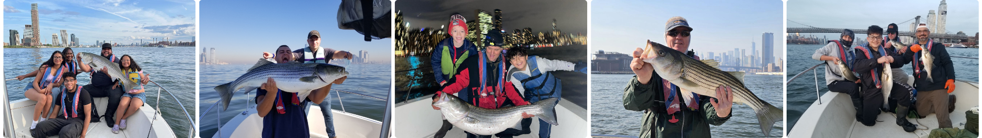 People on a boat in various locations fishing and holding large fish.